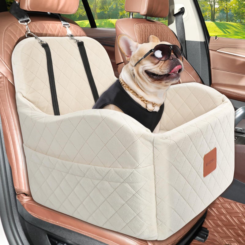 INDYBUD Dog Car Seats for Small Medium Dogs Up to 35lbs, Detachable Washable Soft Pet Booster Travel Bed for Front Seat with Safety Leash Belt (Beige, Medium) - Image 1