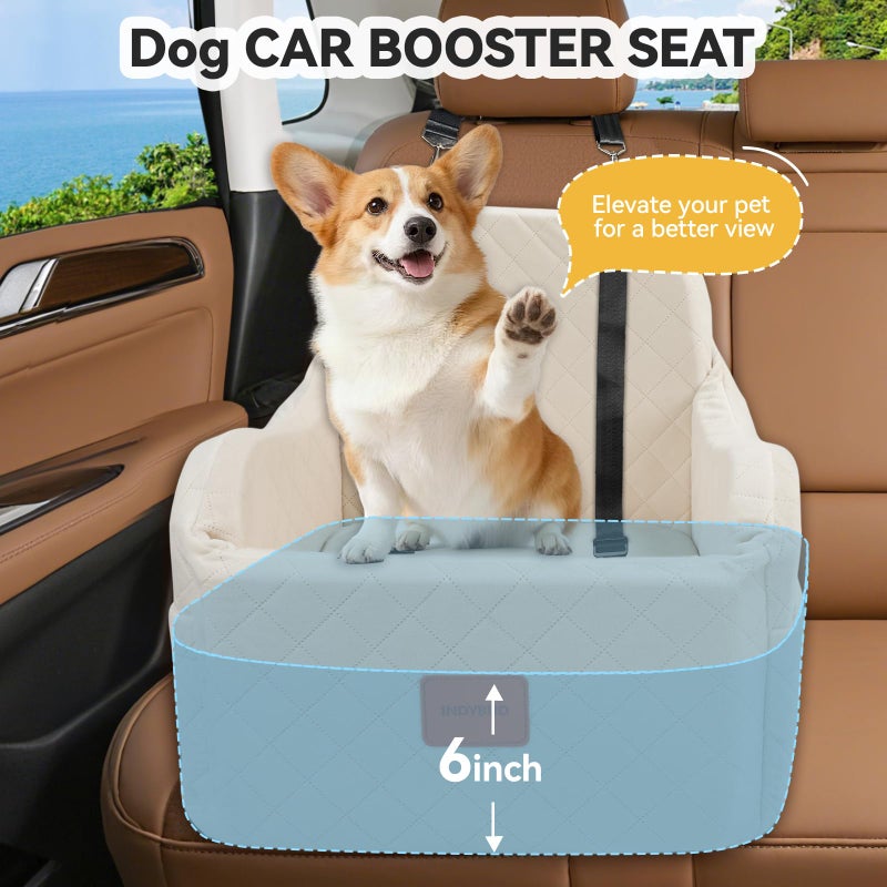 INDYBUD Dog Car Seats for Small Medium Dogs Up to 35lbs, Detachable Washable Soft Pet Booster Travel Bed for Front Seat with Safety Leash Belt (Beige, Medium) - Image 3