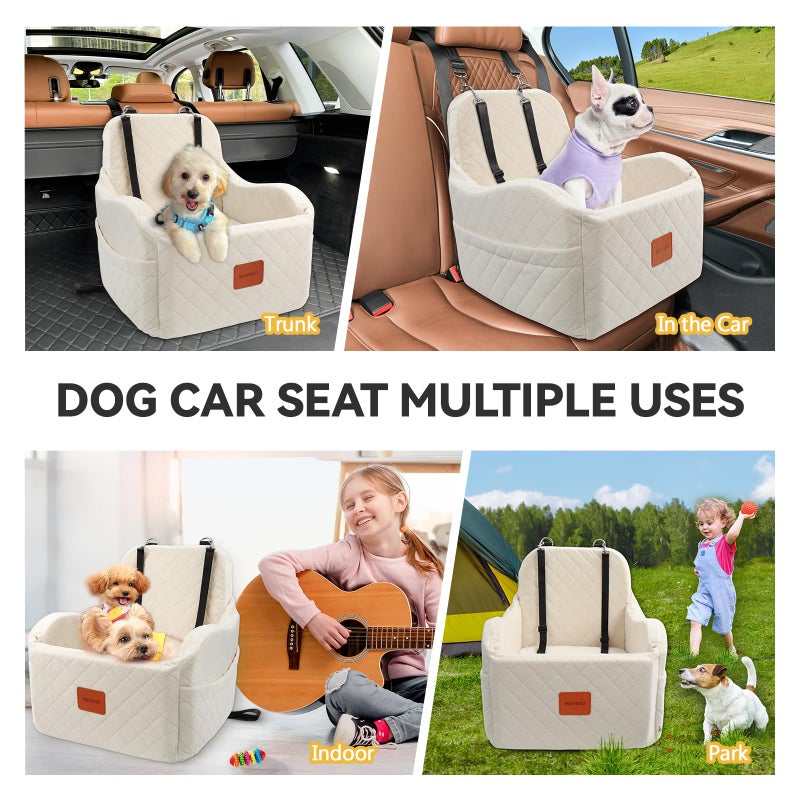 INDYBUD Dog Car Seats for Small Medium Dogs Up to 35lbs, Detachable Washable Soft Pet Booster Travel Bed for Front Seat with Safety Leash Belt (Beige, Medium) - Image 4