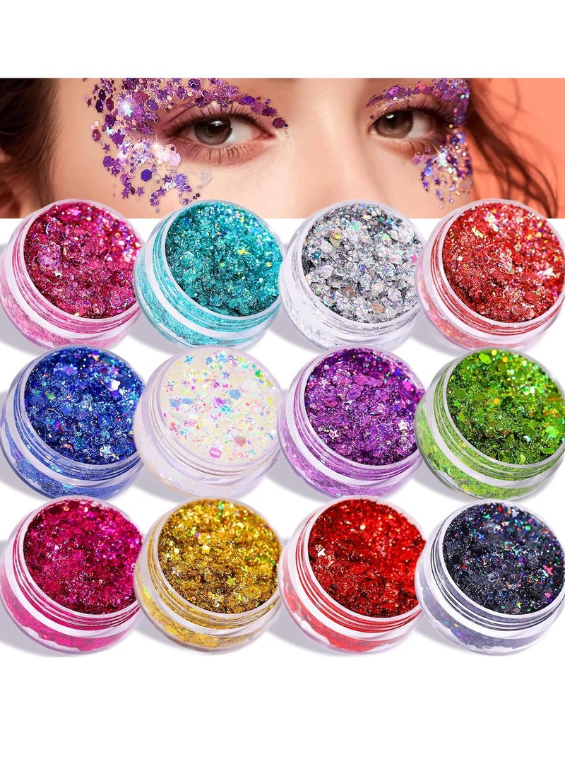 Teenitor Teenitor Face Glitter Body Glitter Makeup Glitter Gel Hair Glitter, 12 Colors Body and Face Glitter Gel for Halloween Makeup, Star Glitter for Face, Body, Hair, 10g/Color  - Image 1