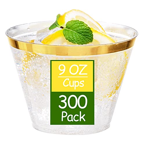 Ciaell 300PCS Gold Plastic Cups - 9Oz Heavy Duty Plastic Cups - Gold Rimmed Disposable Cup - Disposable Clear Wine Cup with Gold Rim for Party & Wedding & Thanksgiving - Image 1