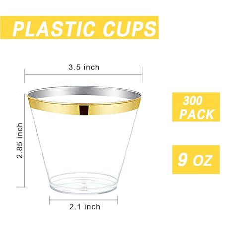 Ciaell 300PCS Gold Plastic Cups - 9Oz Heavy Duty Plastic Cups - Gold Rimmed Disposable Cup - Disposable Clear Wine Cup with Gold Rim for Party & Wedding & Thanksgiving - Image 3