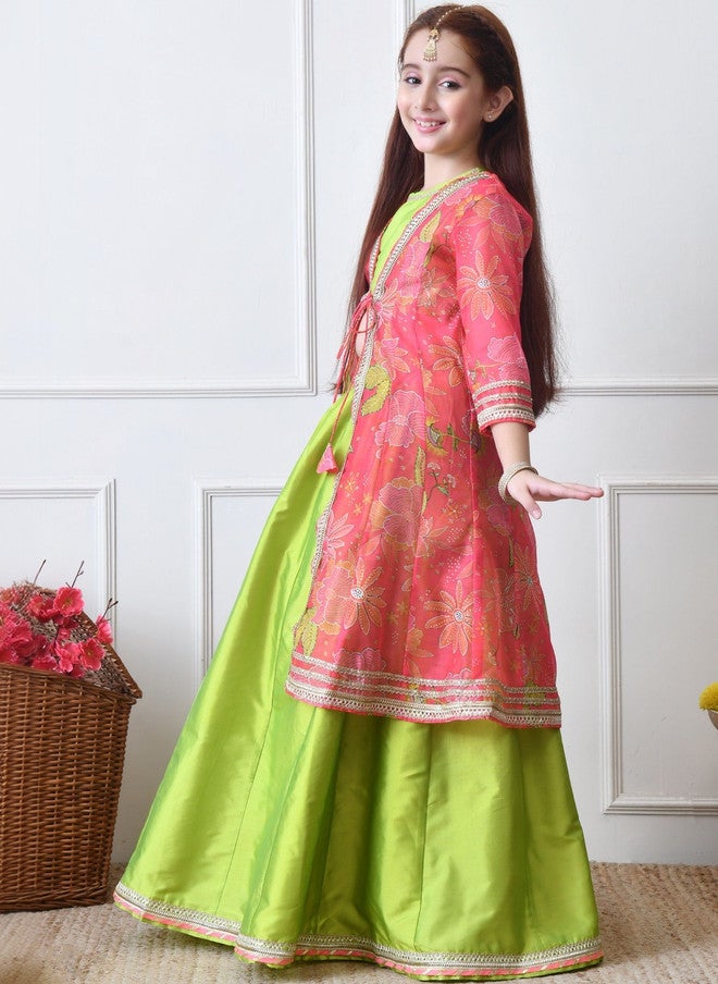 Indi-Loom Couture Girls Printed Zari Ready To Wear Lehenga With Blouse - Image 3