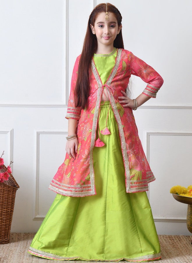 Indi-Loom Couture Girls Printed Zari Ready To Wear Lehenga With Blouse - Image 1