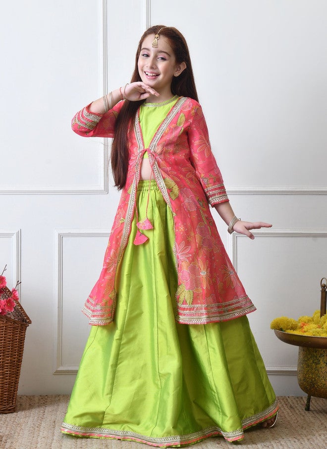 Indi-Loom Couture Girls Printed Zari Ready To Wear Lehenga With Blouse - Image 2