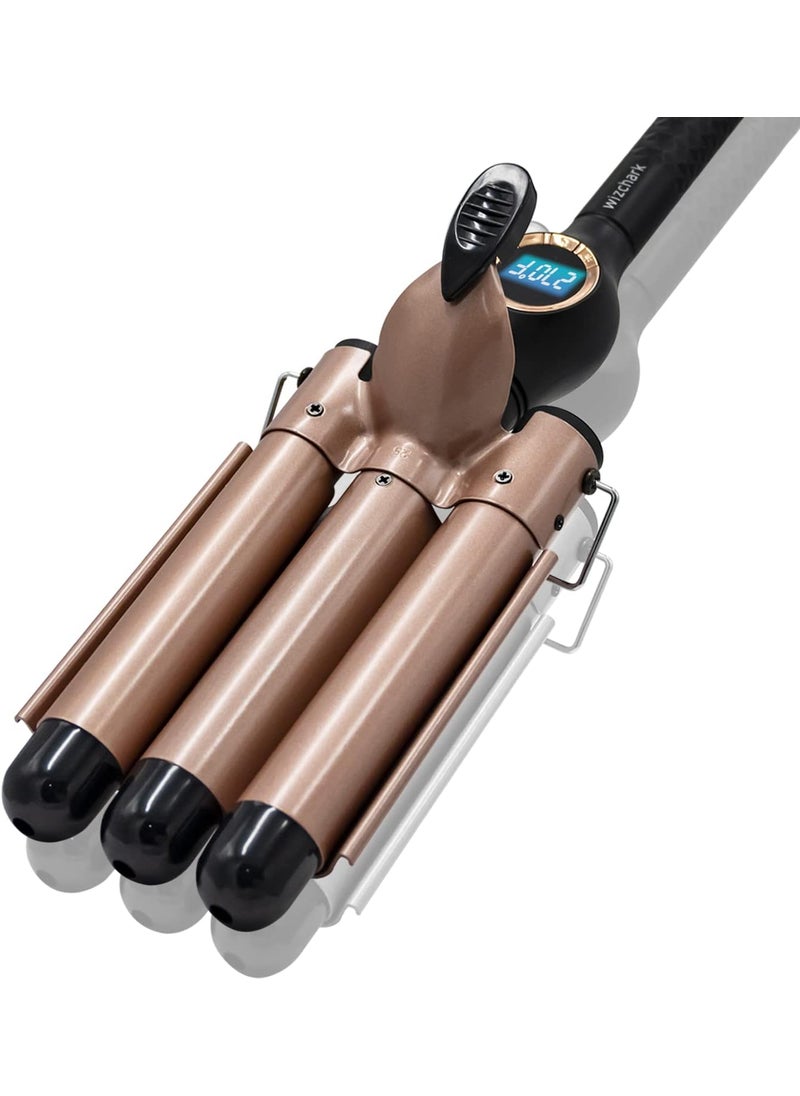 WIZCHARK - 1 Inch Triple Barrels Waver 25mm 3 Barrel Curling Iron Wand Ceramic Dual Voltage Hair Crimper WLED Temperature Display 30 Mins Auto SwitchOff Curler Deep Beach Waver RoseBlack - Image 1