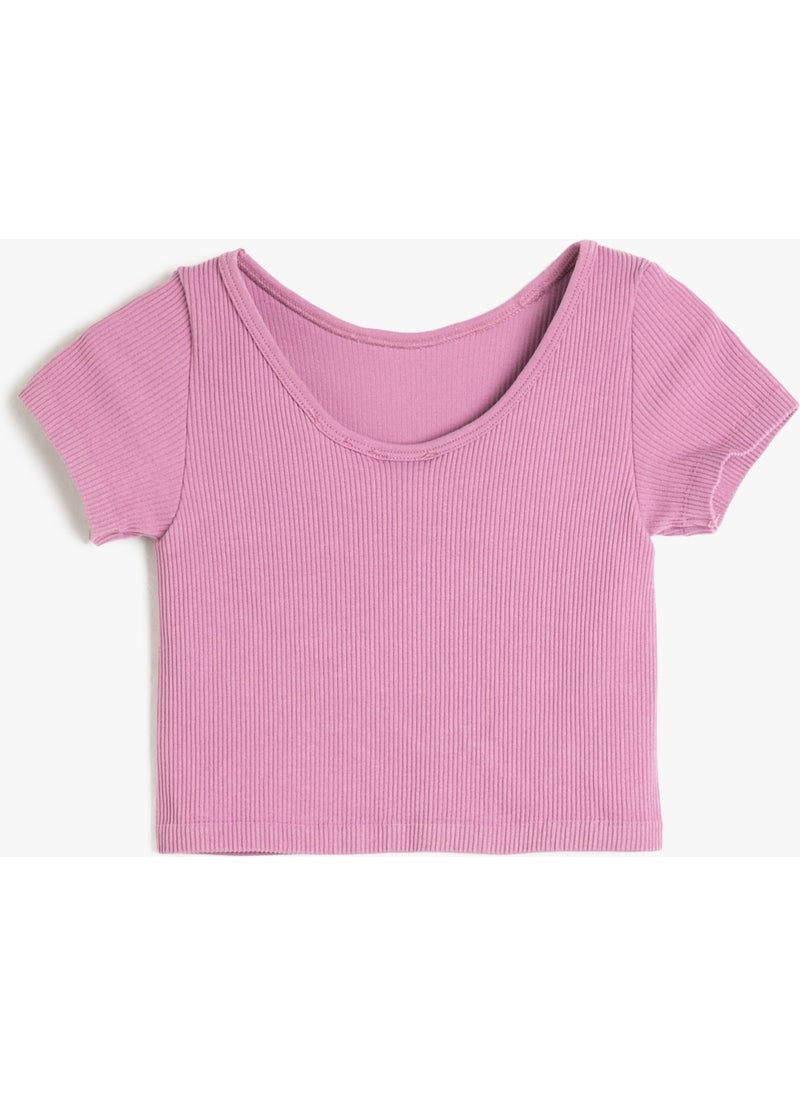 KOTON Crop T-Shirt Deep Round Neck Short Sleeve Ribbed  - Image 1