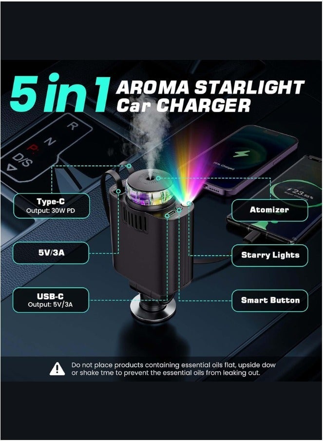 45W 5-in-1 Retractable Car Charger with Starlight & Air Freshener PD 30W Fast Charging for iPhone & Android - Image 2