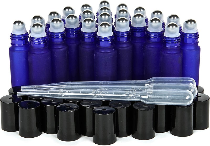 Vivaplex, 24, Frosted, Cobalt Blue, 10 ml Glass Roll-on Bottles with Stainless Steel Roller Balls. 3-3 ml Droppers included