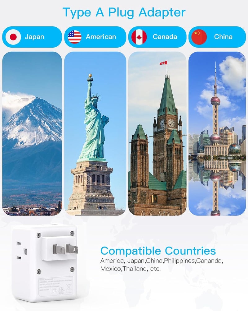One Beat 2 Pack US to Japan Plug Adapter, 2 Prong to 3 Prong Outlet Adapter with 3 AC Outlets 3 USB Ports(1 USB C), Type A Travel Power Converter Plug Adaptor for USA to Japanese Canada Mexico Philippines Peru - Image 2