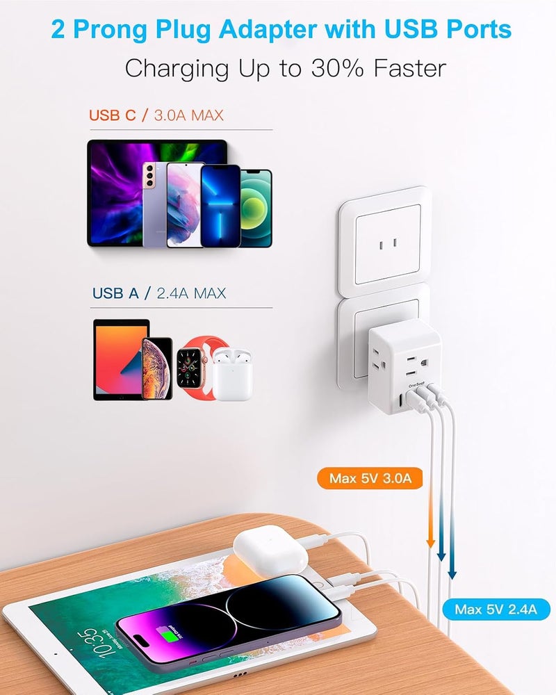 One Beat 2 Pack US to Japan Plug Adapter, 2 Prong to 3 Prong Outlet Adapter with 3 AC Outlets 3 USB Ports(1 USB C), Type A Travel Power Converter Plug Adaptor for USA to Japanese Canada Mexico Philippines Peru - Image 4