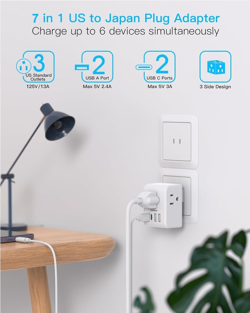 One Beat 2 Pack US to Japan Plug Adapter, 2 Prong to 3 Prong Outlet Adapter with 3 AC Outlets 3 USB Ports(1 USB C), Type A Travel Power Converter Plug Adaptor for USA to Japanese Canada Mexico Philippines Peru - Image 3