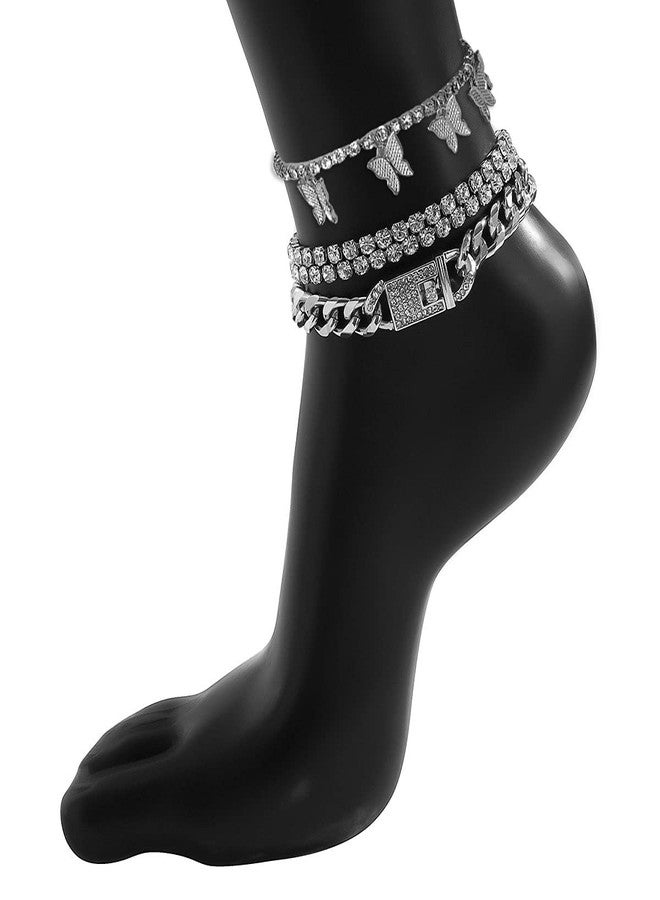 yfstyle 4PCS Cuban Link Chain Ankle Bracelet Butterfly Rhinestone Tennis Layered Anklet Set for Women Summer Beach Adjustable-Silver Cuban - Image 3