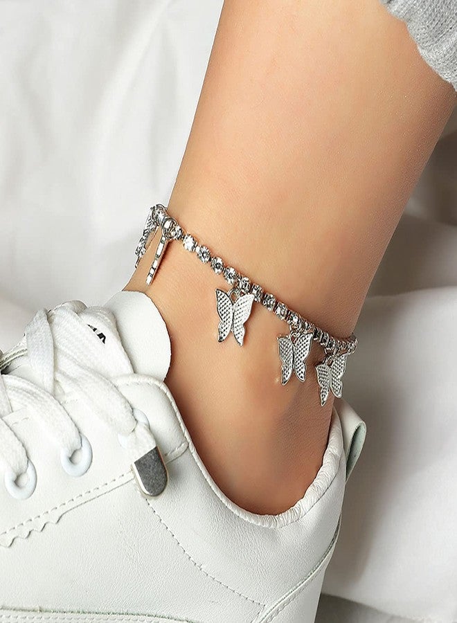 yfstyle 4PCS Cuban Link Chain Ankle Bracelet Butterfly Rhinestone Tennis Layered Anklet Set for Women Summer Beach Adjustable-Silver Cuban - Image 5