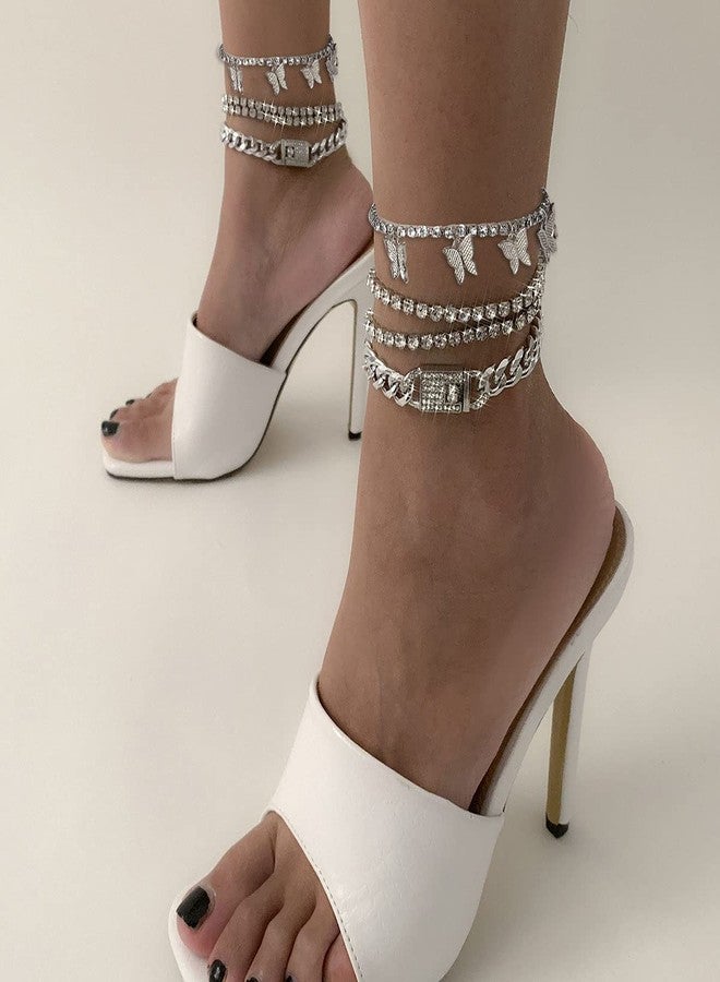 yfstyle 4PCS Cuban Link Chain Ankle Bracelet Butterfly Rhinestone Tennis Layered Anklet Set for Women Summer Beach Adjustable-Silver Cuban - Image 2