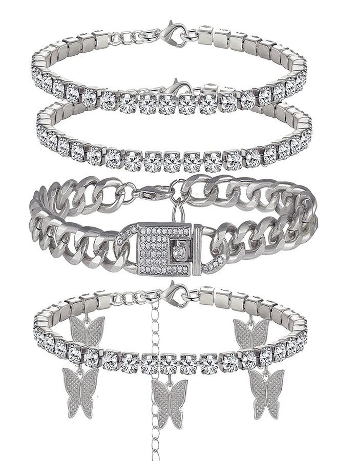 yfstyle 4PCS Cuban Link Chain Ankle Bracelet Butterfly Rhinestone Tennis Layered Anklet Set for Women Summer Beach Adjustable-Silver Cuban - Image 1
