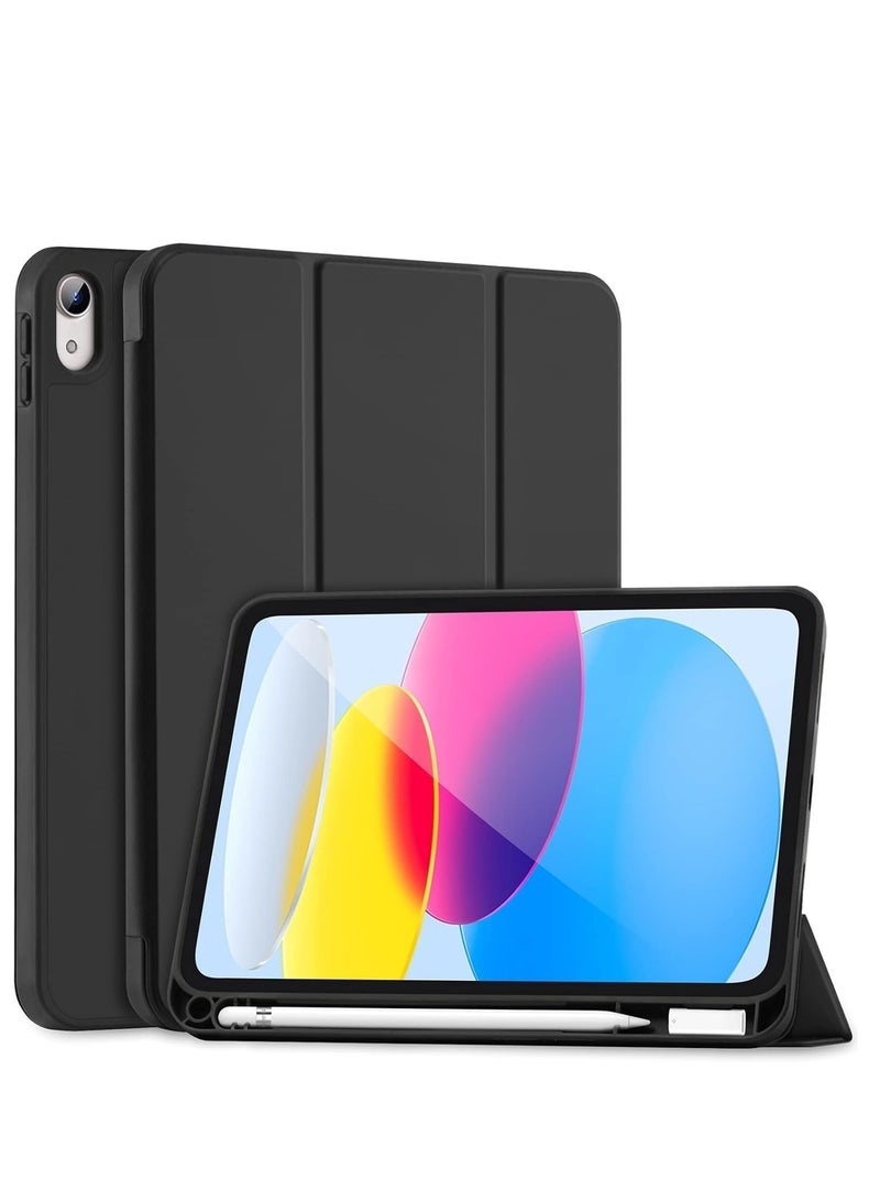 جراب لجهاز iPad A16 2025 من الجيل الحادي عشر مقاس 11 بوصة/iPad من الجيل العاشر مقاس 10.9 بوصة 2022 مع حامل قلم رصاص، مصنوع من جلد البولي يوريثان المتين والمرن من مادة TPU، مقاوم للسقوط، مع خاصية الاستيقاظ/السكون التلقائي (أسود) - Image 1