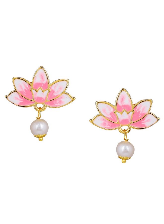 Estele Estele Jewellery Fashion Earrings for Women Gold Plated Lotus Designer Elegant Pink and White Enamel Pearl Drop Earrings Versatile Chic for Women & Girls  - Image 1