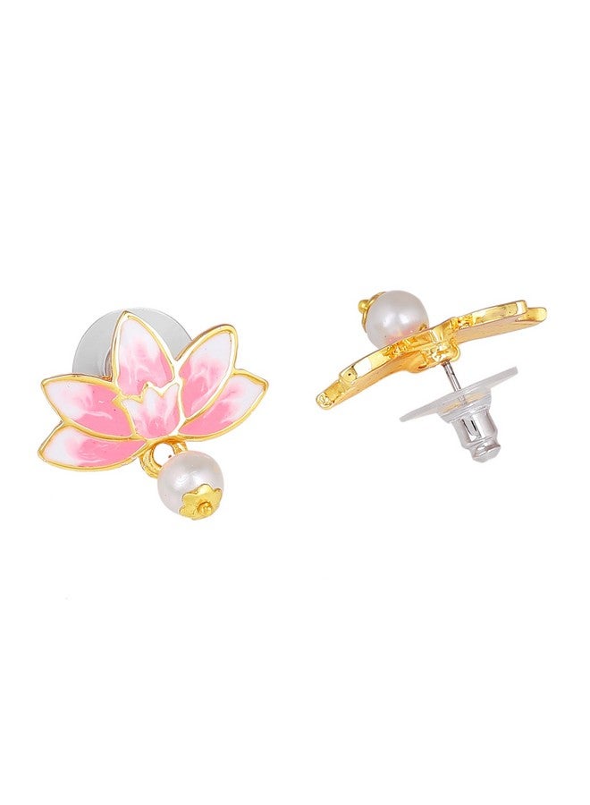 Estele Estele Jewellery Fashion Earrings for Women Gold Plated Lotus Designer Elegant Pink and White Enamel Pearl Drop Earrings Versatile Chic for Women & Girls  - Image 3