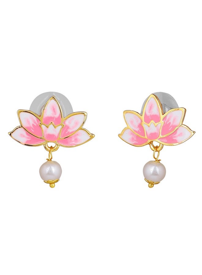 Estele Estele Jewellery Fashion Earrings for Women Gold Plated Lotus Designer Elegant Pink and White Enamel Pearl Drop Earrings Versatile Chic for Women & Girls  - Image 2