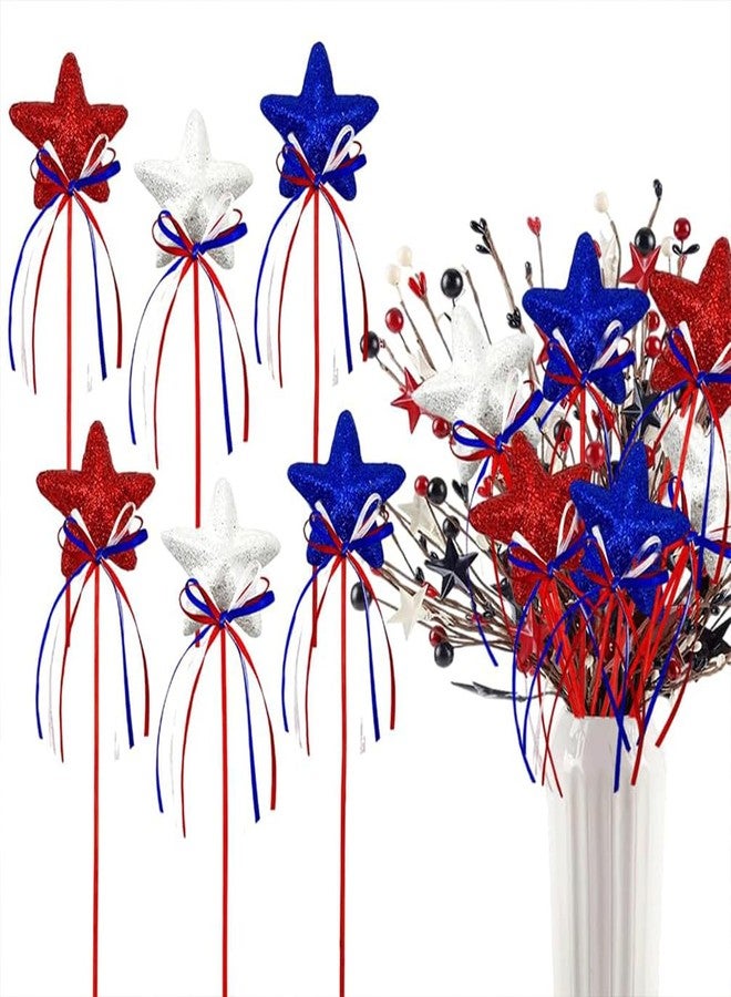 ASVNRES 4th of July Flower Picks Glitter Puffy Star Foam Sparkly Sticks for Americana Independence Day, Red White Blue Party Crafts Supplies Decorations, Memorial Day Patriotic Decor (6) - Image 1