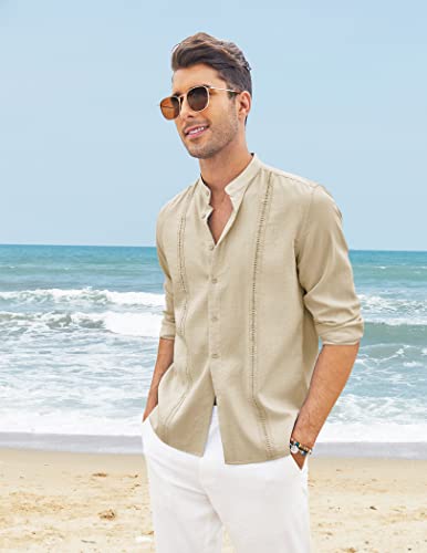 COOFANDY Mens Button Down Shirts Long Sleeve Casual Linen Shirts Beach Tops Cuban Guayabera Shirts Khaki - Image 2