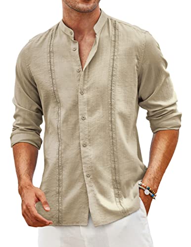 COOFANDY Mens Button Down Shirts Long Sleeve Casual Linen Shirts Beach Tops Cuban Guayabera Shirts Khaki - Image 1