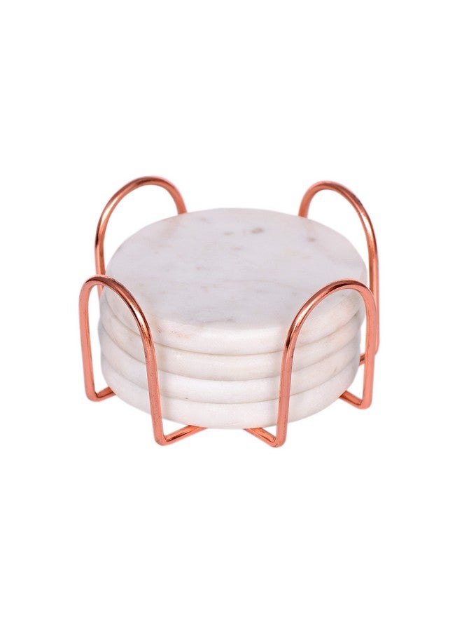 CentraLit طقم كوسترات رخامية بيضاء دائرية من سنترا ليت - كوسترات نبيذ للبار للطاولة - طقم من 4 كوسترات رخامية يدوية الصنع مع حامل (شكل دائري) (حامل باللون الوردي الذهبي) - Image 2