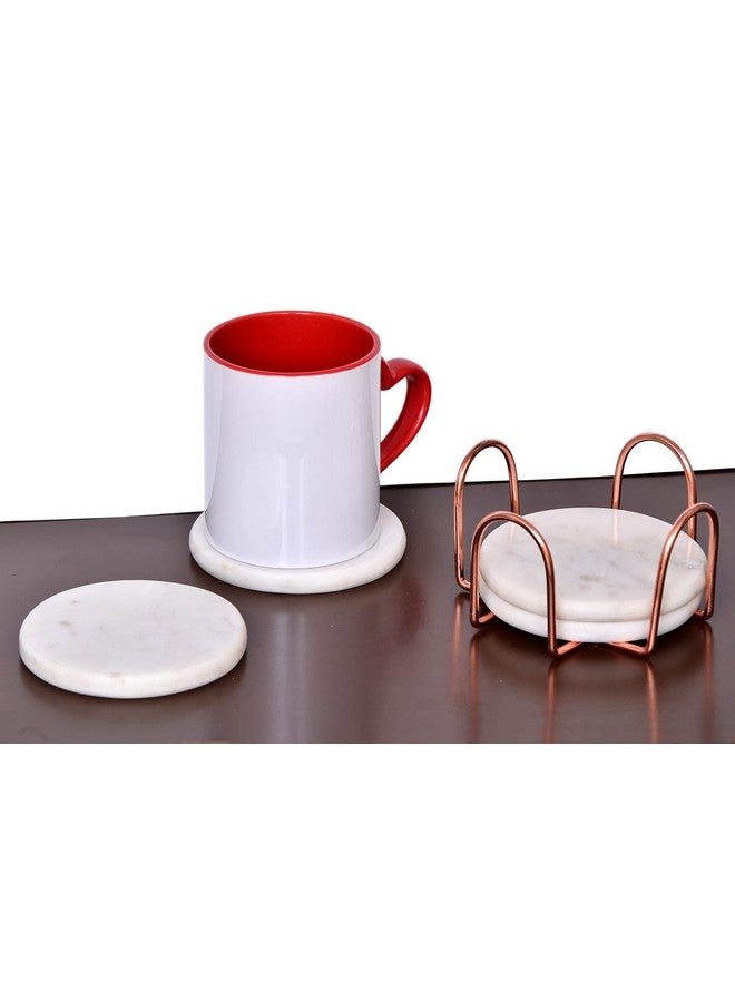 CentraLit طقم كوسترات رخامية بيضاء دائرية من سنترا ليت - كوسترات نبيذ للبار للطاولة - طقم من 4 كوسترات رخامية يدوية الصنع مع حامل (شكل دائري) (حامل باللون الوردي الذهبي) - Image 4