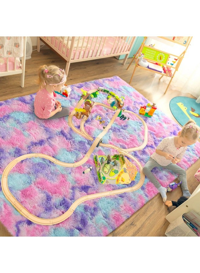 LOCHAS Luxury Fluffy Rainbow Area Rug for Girls Bedroom 4x6, Soft Fuzzy Kids Rugs for Bedroom Boys Playroom, Cute Colorful Tie Dye Princess Carpet for Nursery Living Room Home Decor, Pink/Purple - Image 1
