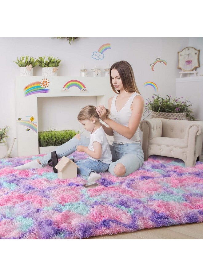 LOCHAS Luxury Fluffy Rainbow Area Rug for Girls Bedroom 4x6, Soft Fuzzy Kids Rugs for Bedroom Boys Playroom, Cute Colorful Tie Dye Princess Carpet for Nursery Living Room Home Decor, Pink/Purple - Image 2