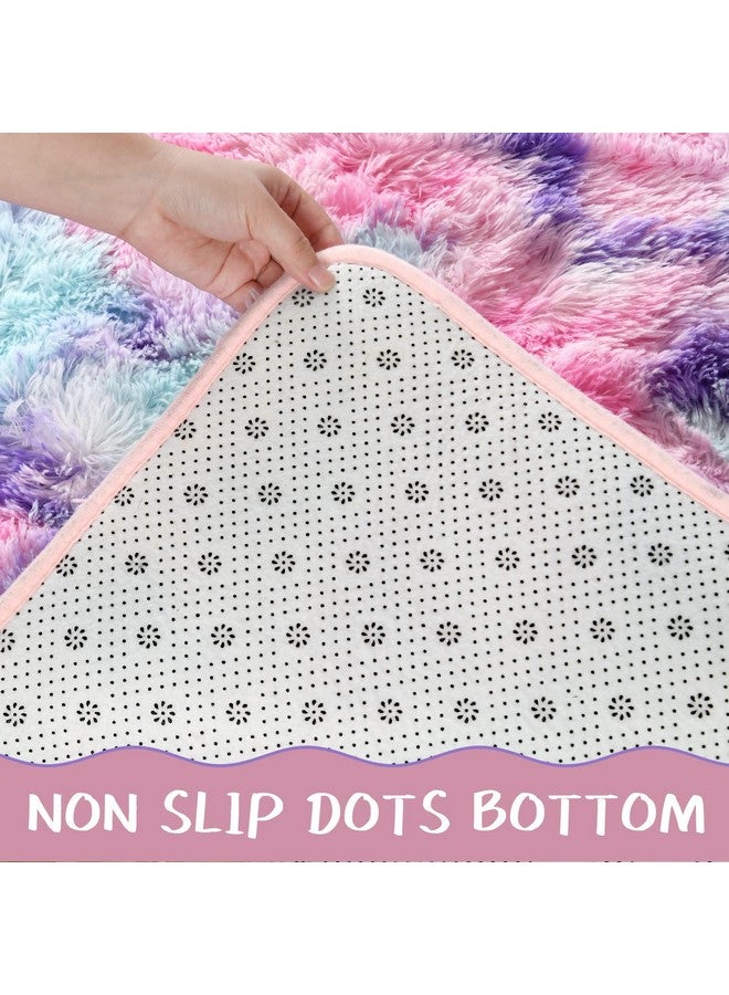 LOCHAS Luxury Fluffy Rainbow Area Rug for Girls Bedroom 4x6, Soft Fuzzy Kids Rugs for Bedroom Boys Playroom, Cute Colorful Tie Dye Princess Carpet for Nursery Living Room Home Decor, Pink/Purple - Image 3