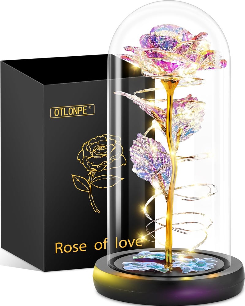 Otlonpe Glass Rose Flower Handmade Forever | Romantic Christmas, Valentines, Mothers Day, Birthday Gifts for Women Mom Grandma Girlfriend Wife | Preserved Colorful Rose Indoor Home Office Decorations - Image 1