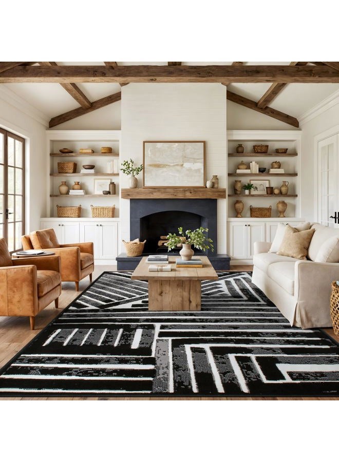 Rugshop Contemporary Stripe Design High Traffic Area Rug 7'10" x 10' Black - Image 1