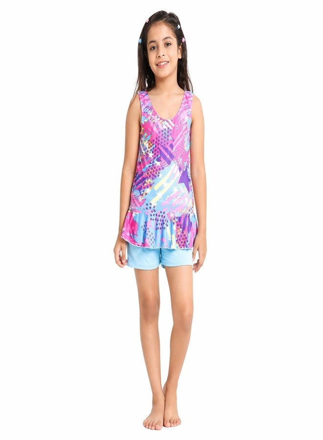 Shifter Swimming Costume for Girls-Printed Swimwear for Small Kids-One Piece Swimsuite -Stretchable Fabric Waterpark & Pool Wear (8-9 Years, Rainbow) - Image 1