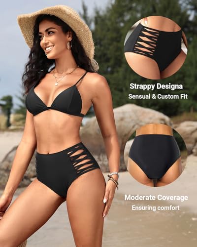 Holipick Women Black High Waisted Bikini Bottoms Tummy Control Swimsuit Bottoms Strappy Swim Bottom M - Image 2
