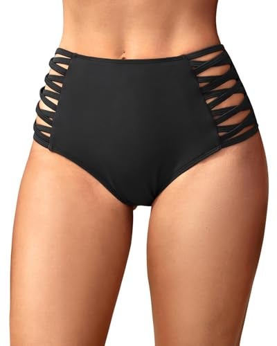 Holipick Women Black High Waisted Bikini Bottoms Tummy Control Swimsuit Bottoms Strappy Swim Bottom M - Image 1