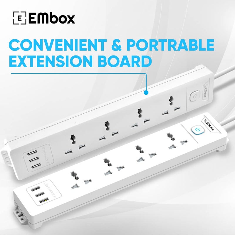 EMBOX EMBOX 10A Extension Board with USB Master SwitchSpike Guard with 4 Universal Sockets and 3 USB PortsExtension Cord with Safety Shutter2500W 4 Sockets 3 USB 2 Mtr Cord Length  - Image 2
