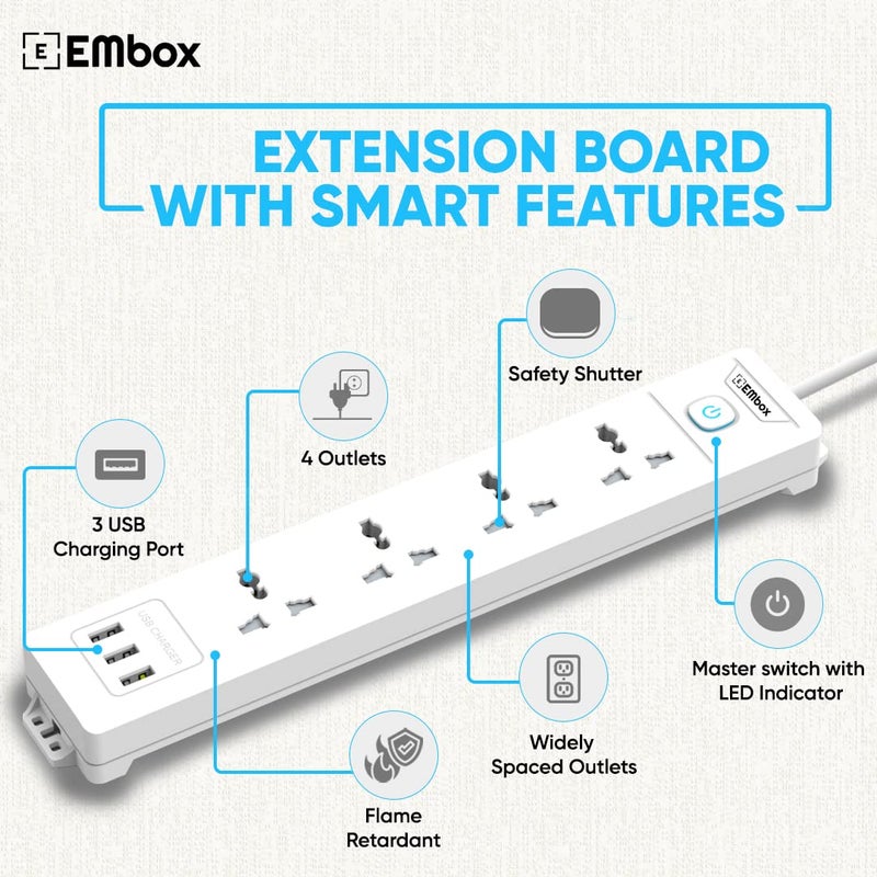 EMBOX EMBOX 10A Extension Board with USB Master SwitchSpike Guard with 4 Universal Sockets and 3 USB PortsExtension Cord with Safety Shutter2500W 4 Sockets 3 USB 2 Mtr Cord Length  - Image 3