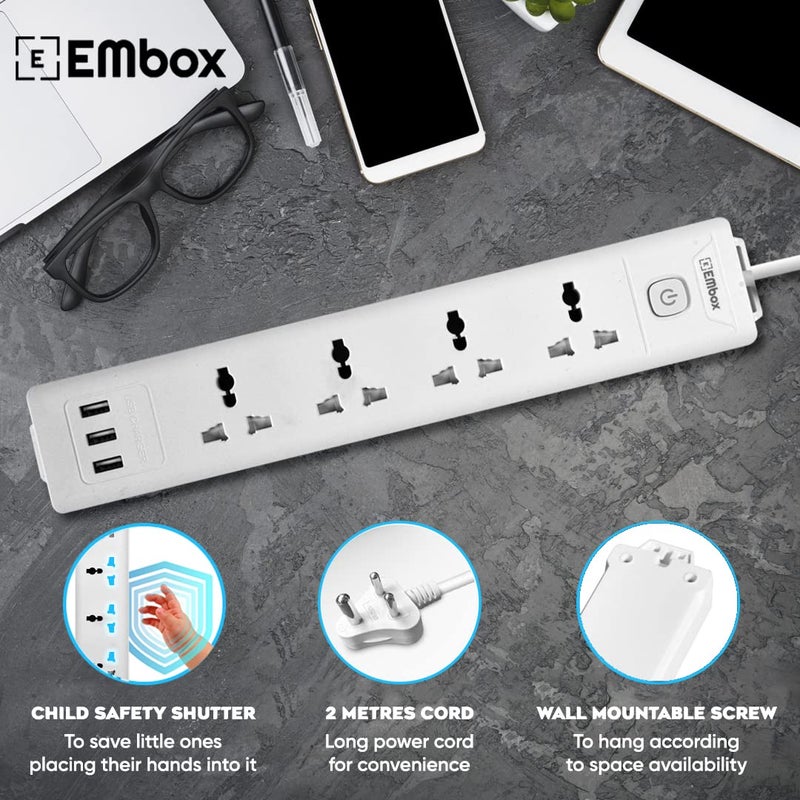EMBOX EMBOX 10A Extension Board with USB Master SwitchSpike Guard with 4 Universal Sockets and 3 USB PortsExtension Cord with Safety Shutter2500W 4 Sockets 3 USB 2 Mtr Cord Length  - Image 4