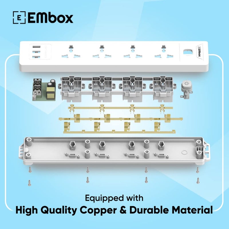 EMBOX EMBOX 10A Extension Board with USB Master SwitchSpike Guard with 4 Universal Sockets and 3 USB PortsExtension Cord with Safety Shutter2500W 4 Sockets 3 USB 2 Mtr Cord Length  - Image 5