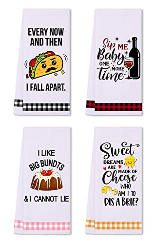 LXOMILL Funny Kitchen Towels Cute Decorative Dish Towels Sets Absorbent Waffle Hand Towels Housewarming Gifts for New Home Women Mom Set of 4 Funny House Warming Presents Hostess Gifts