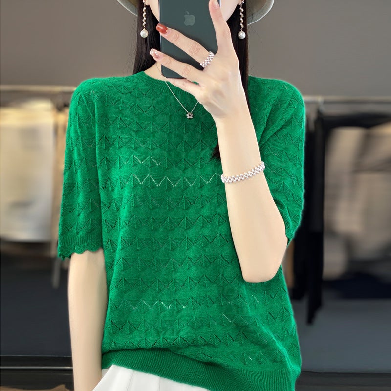 Z-Line Ready-To-Wear Fine Wool Short-Sleeve T-Shirt For Women, New Summer Style, Round Neck, Hollow-Out, Thin Top, Stylish Base Shirt - Image 3