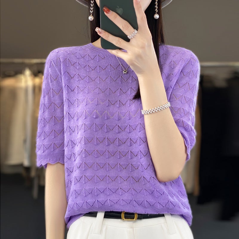 Z-Line Ready-To-Wear Fine Wool Short-Sleeve T-Shirt For Women, New Summer Style, Round Neck, Hollow-Out, Thin Top, Stylish Base Shirt - Image 4