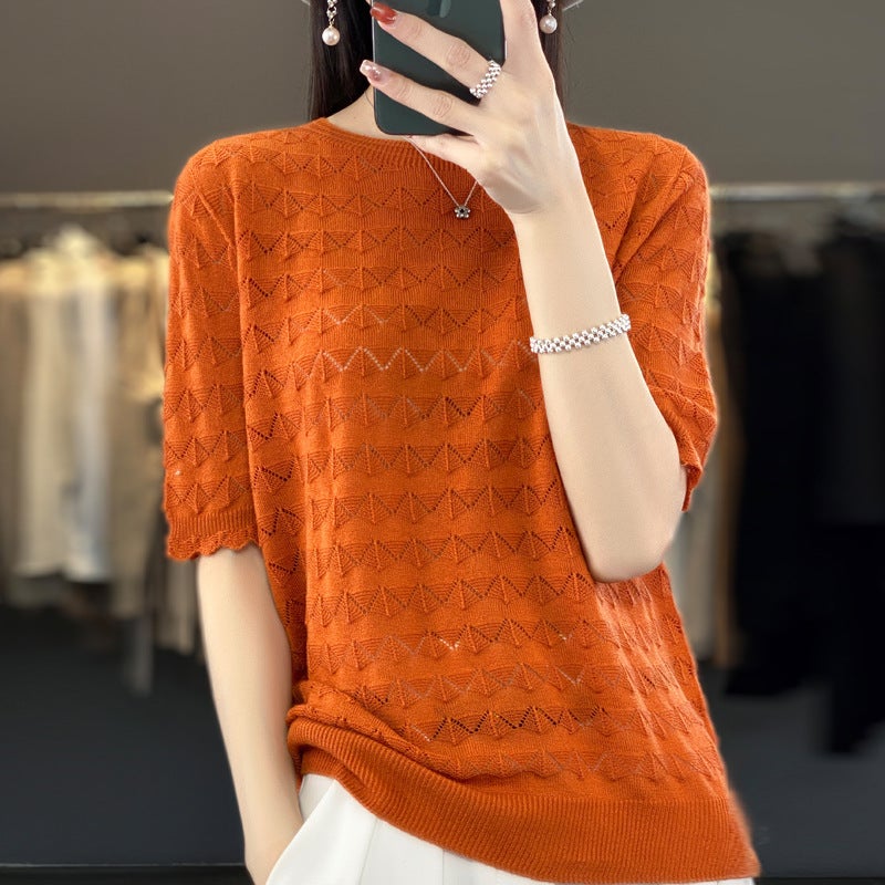 Z-Line Ready-To-Wear Fine Wool Short-Sleeve T-Shirt For Women, New Summer Style, Round Neck, Hollow-Out, Thin Top, Stylish Base Shirt - Image 5