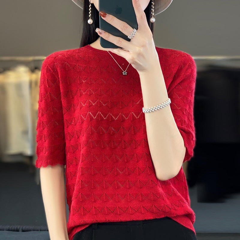 Z-Line Ready-To-Wear Fine Wool Short-Sleeve T-Shirt For Women, New Summer Style, Round Neck, Hollow-Out, Thin Top, Stylish Base Shirt - Image 2