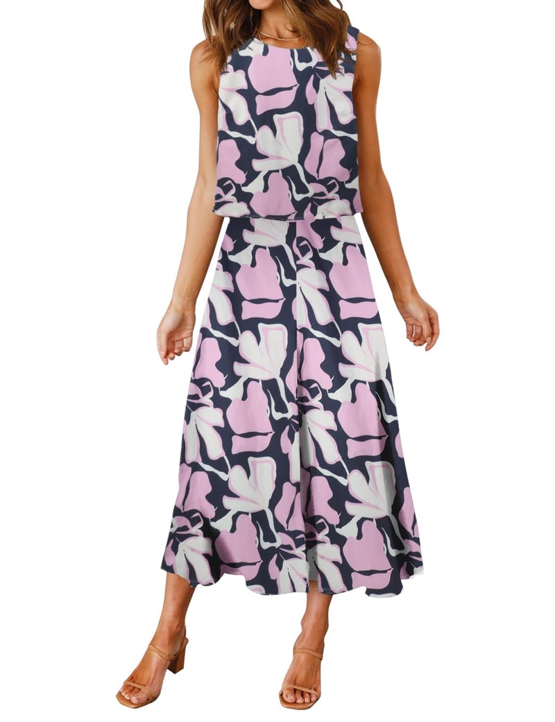 ROYLAMP Women's Summer 2 Piece Outfits Round Neck Crop Basic Top Cropped Wide Leg Pants Set Jumpsuits Navy Blue+Purple Floral XS - Image 1