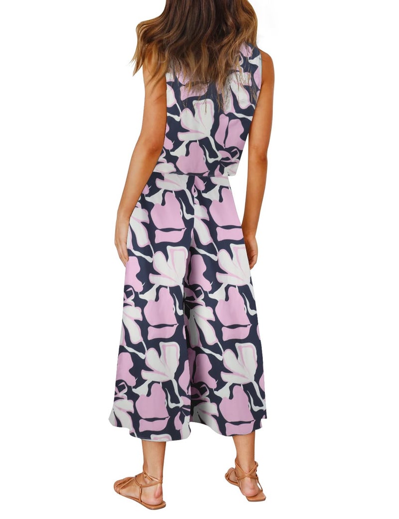 ROYLAMP Women's Summer 2 Piece Outfits Round Neck Crop Basic Top Cropped Wide Leg Pants Set Jumpsuits Navy Blue+Purple Floral XS - Image 4