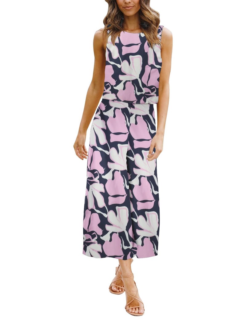 ROYLAMP Women's Summer 2 Piece Outfits Round Neck Crop Basic Top Cropped Wide Leg Pants Set Jumpsuits Navy Blue+Purple Floral XS - Image 2