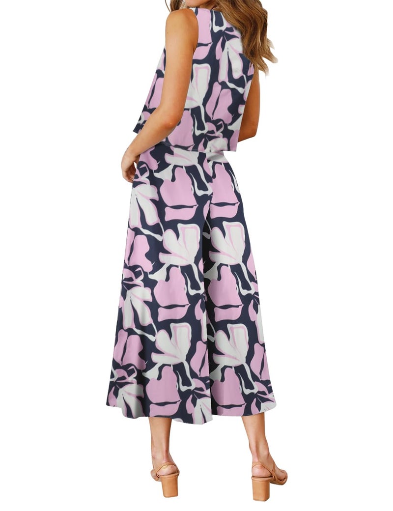 ROYLAMP Women's Summer 2 Piece Outfits Round Neck Crop Basic Top Cropped Wide Leg Pants Set Jumpsuits Navy Blue+Purple Floral XS - Image 3